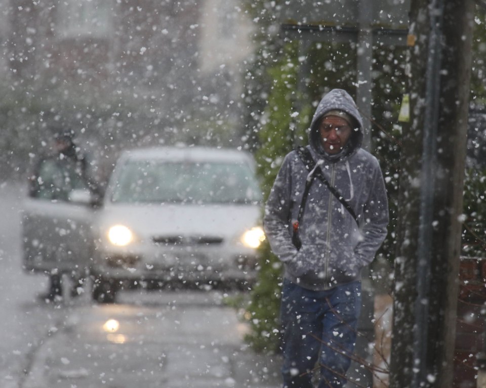 Heavy snow showers turned into blizzard like conditions in Colchester, Essex, on Thursday morning