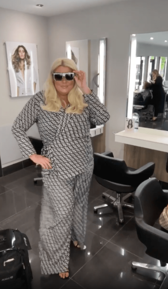 Glam Gemma Collins showed off her trim figure in a trouser suit today