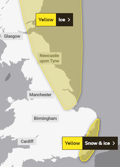 A warning of snow and ice over the south east of England has been issued for tonight