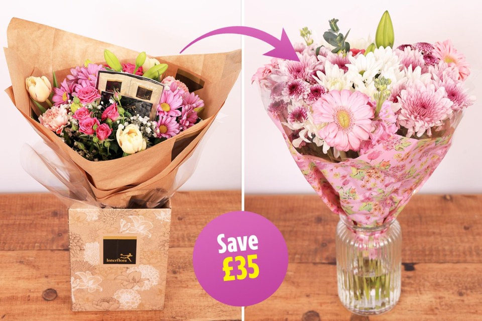 SWAP Interflora hand-tied pastels (£38 plus £7 delivery) FOR Tesco secret garden bouquet (£10)