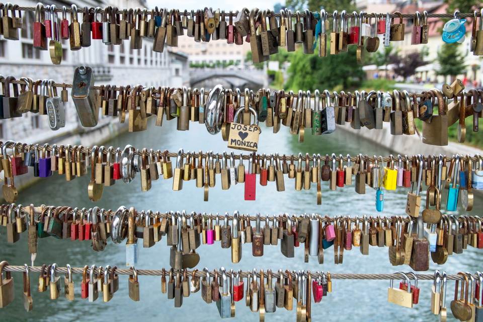 Love locks on Butcher's Bridge and Triple Bridge in Ljubljana