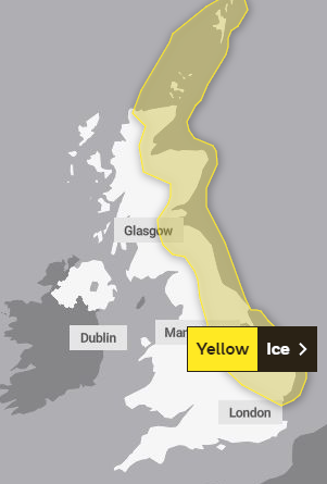 An ice warning was issued across the east of Britain this morning