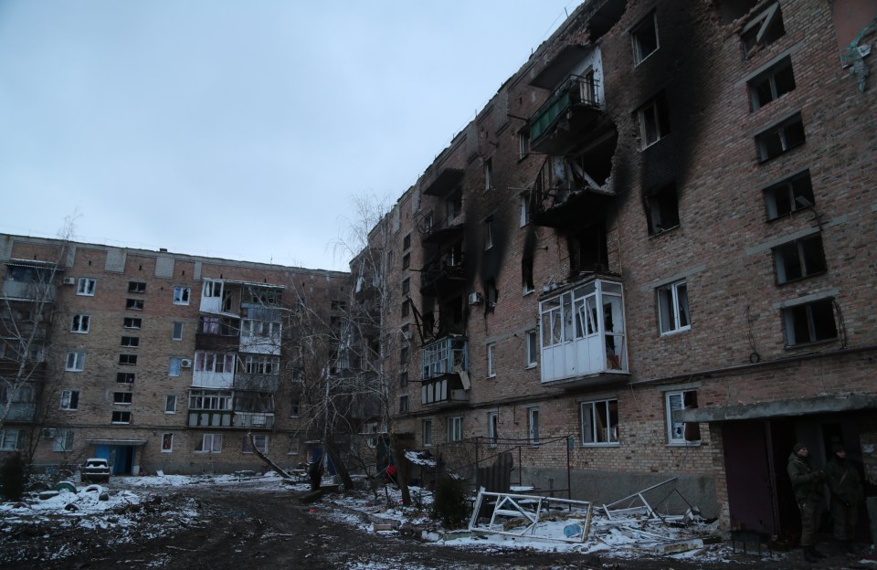 A view of the destruction in Volnovakha, Donetsk