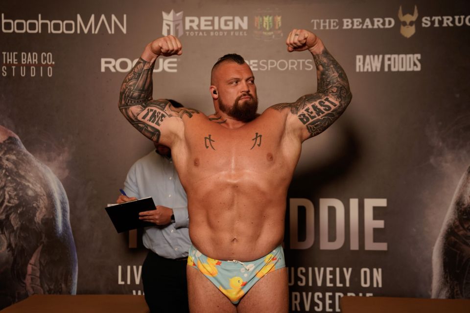 Eddie Hall shows off his rubber duck briefs at the weigh-in