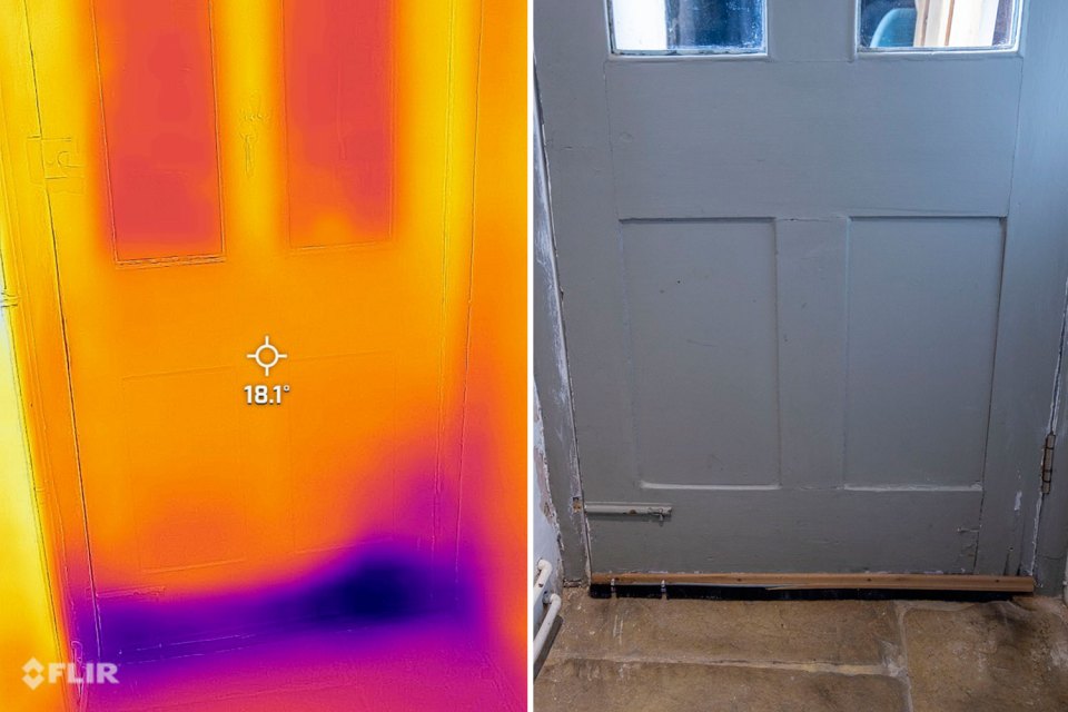 The image on the left shows heat loss without a draught excluder at the bottom of the door