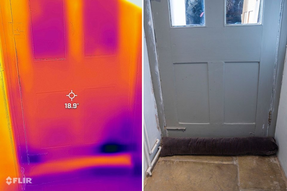 The image now shows how heat loss is prevented by adding a draught excluder at the bottom of external doors