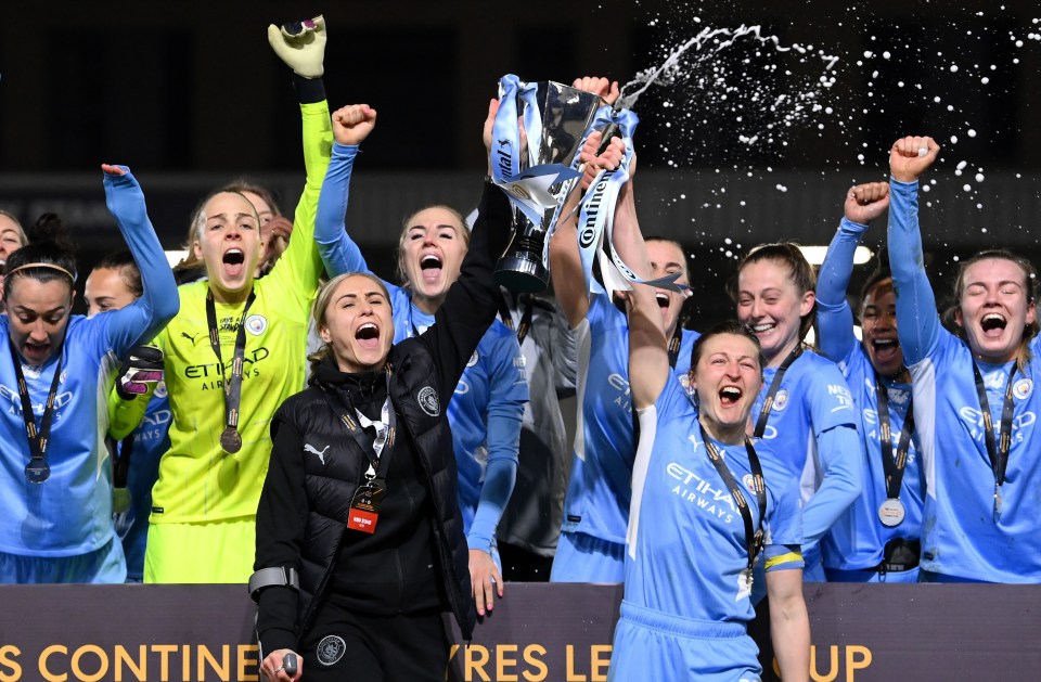 City skipper Steph Houghton came on the pitch to celebrate her club's fourth Conti Cup trophy win