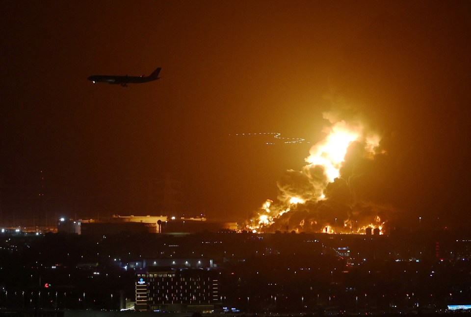 Flames lit up the sky after nightfall in the city