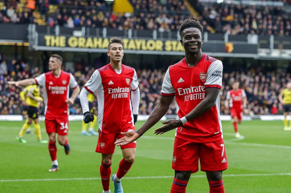 Bukayo Saka celebrates after scoring against Watford