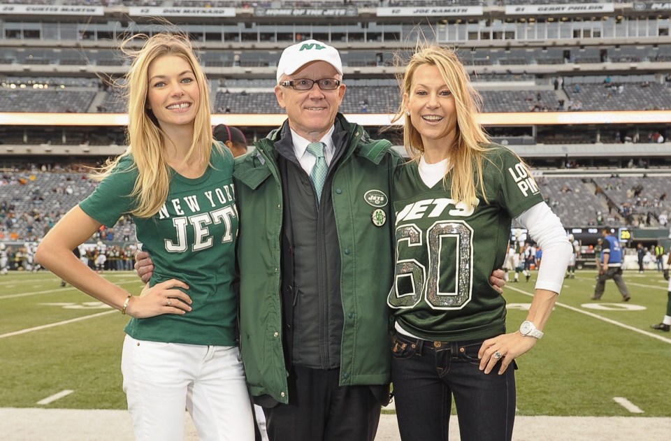 New York Jets owner Woody Johnson pictured with his wife Suzanne, right, and model Jessica Hart, left