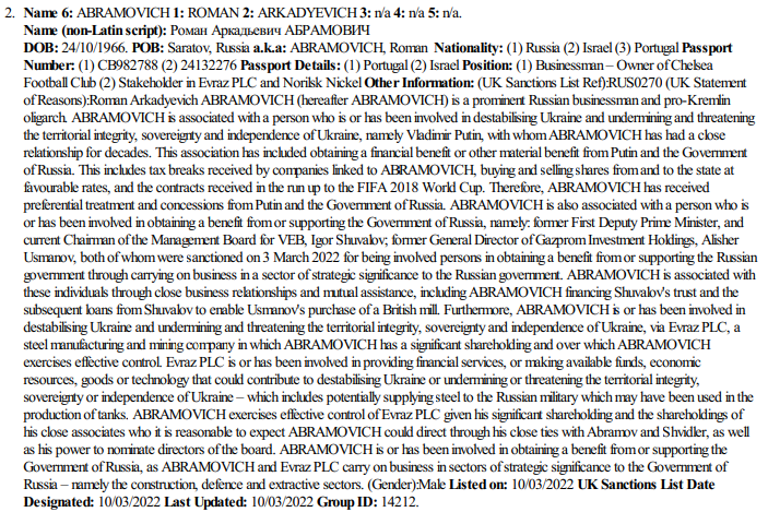 Document detailing the reasons for the sanctions placed on Roman Abramovich