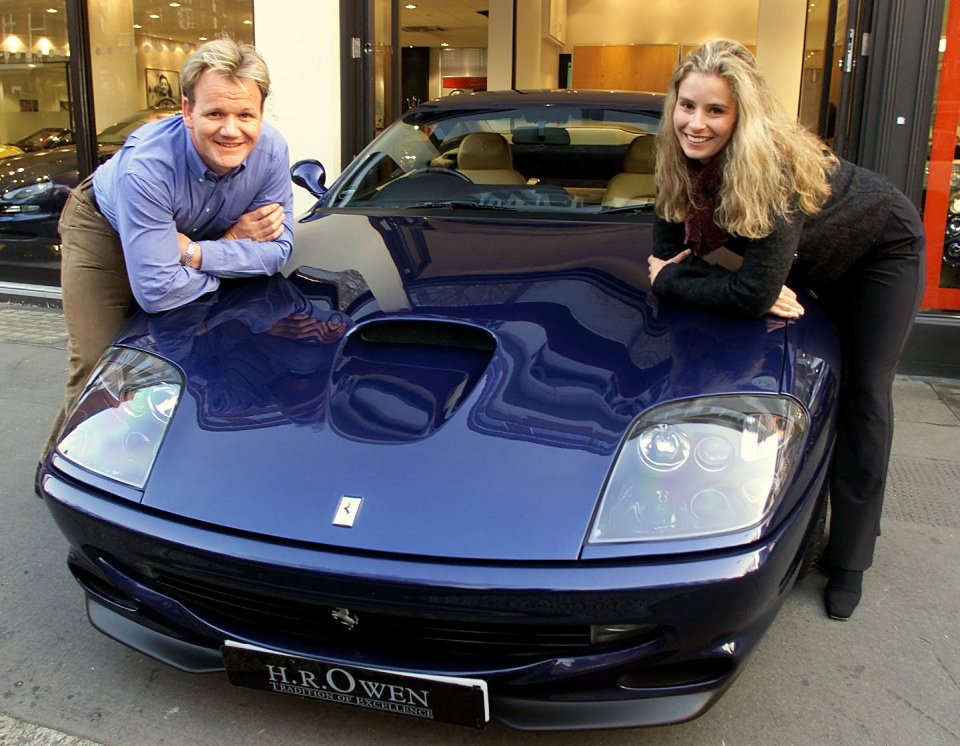 Gordon Ramsay and wife Tana with Ferrari 550 Maranello which she bought for him for winning 3 Michelin stars