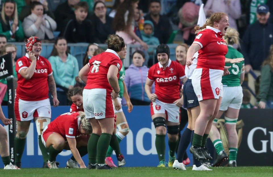 Wales celebrate their hard fought come back win against Ireland in round 2