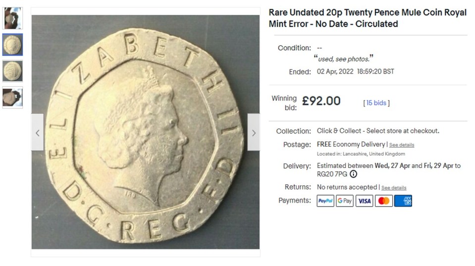 The rare error coin racked up 15 bids during the short time it was listed