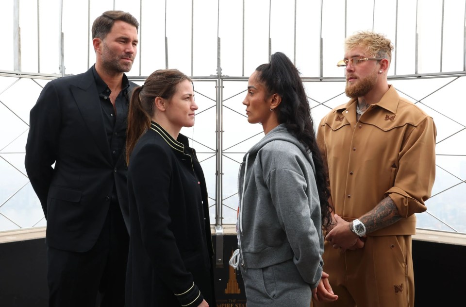 Eddie Hearn, Katie Taylor, Amanda Serrano and Jake Paul in New York