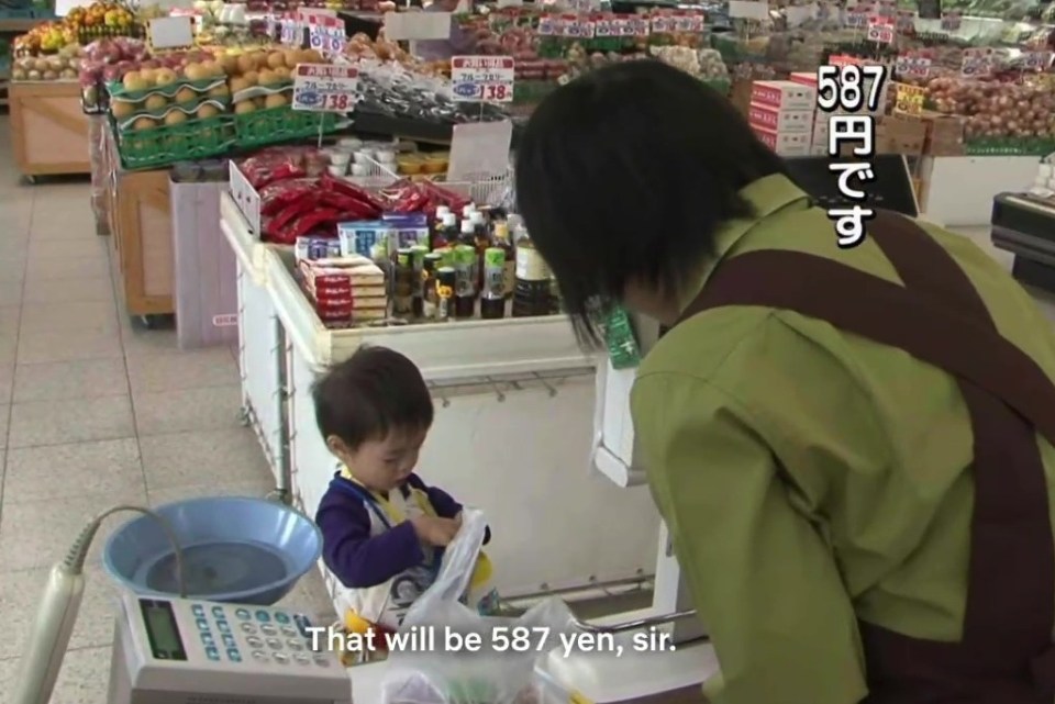 The toddler then runs through the shop in search of the items before heading to the till