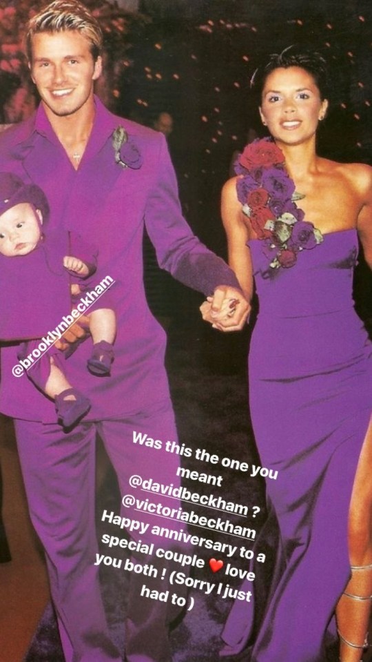 For the post-wedding evening bash, Victoria and David changed into matching purple Antonio Berardi outfits