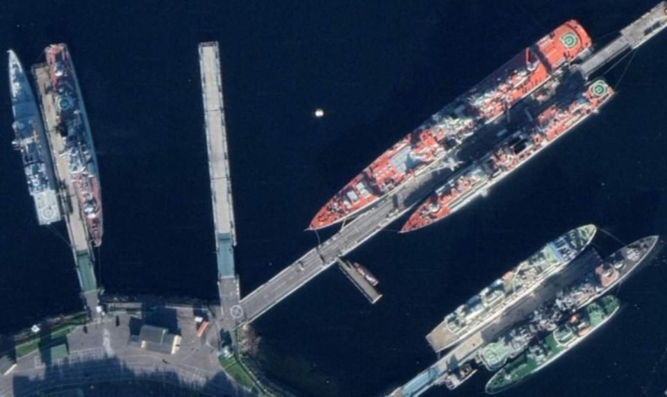 The revealing images show docked Russian warships, including the nuclear-powered missile cruiser called ‘Peter the Great’