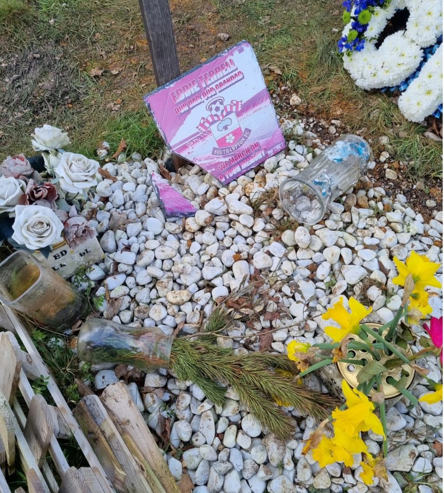 The grave was left absolutely trashed by the shameless council who placed the skip on top of it