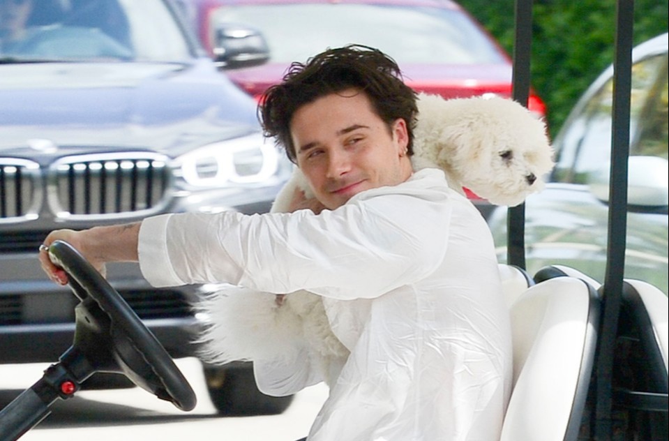 Brooklyn arrived in a golf buggy in a white pyjama-style outfit, with his bichon frise dog, Label