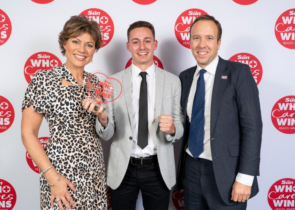 In 2019 Ben won the Sun's Who Cares Wins Health Awards for mental health hero of the year. He is pictured above with Kate Silverton and Matt Hancock