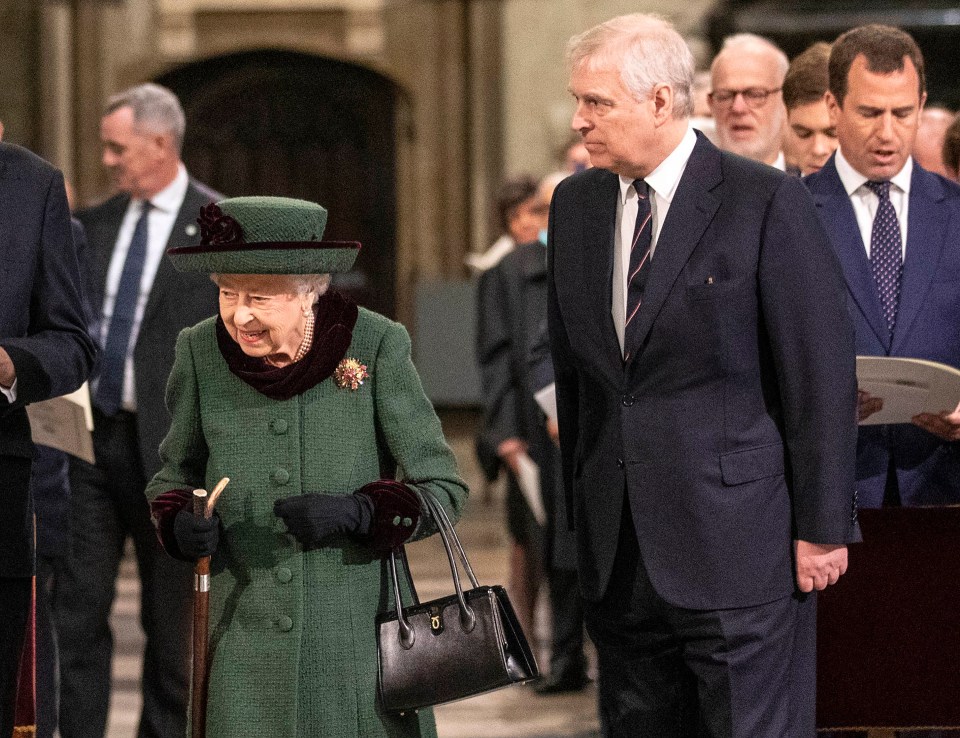 Prince Andrew escorted his mother into Westminster Abbey at the memorial service for Prince Philip this week