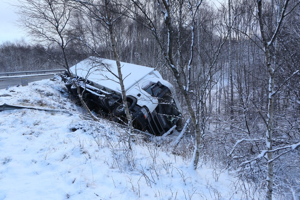 A lorry crashed off the A9 in the Cairngorms, Scotland. No serious injuries were reported