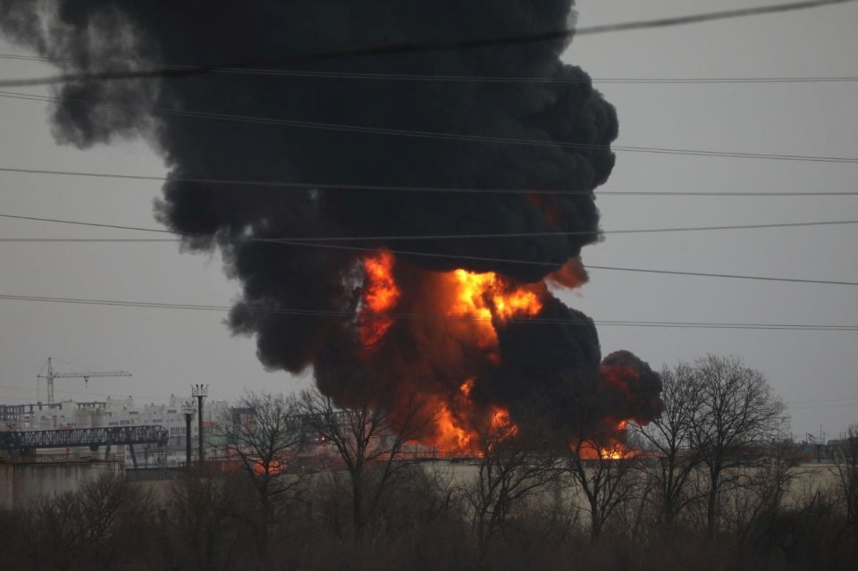 Black smoke billowing from the oil depot in Belgorod