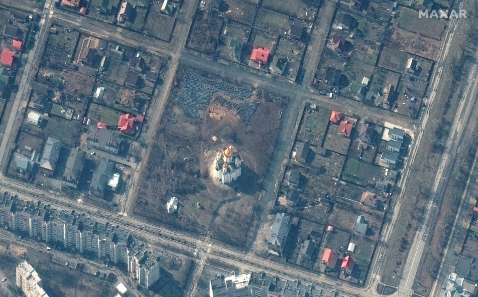 A satellite image shows a mass grave in the Ukrainian town of Bucha