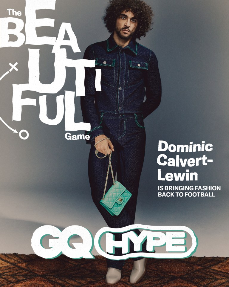 Everton striker Dominic Calvert wearing his double-denim jumpsuit and a Chanel handbag for GQ