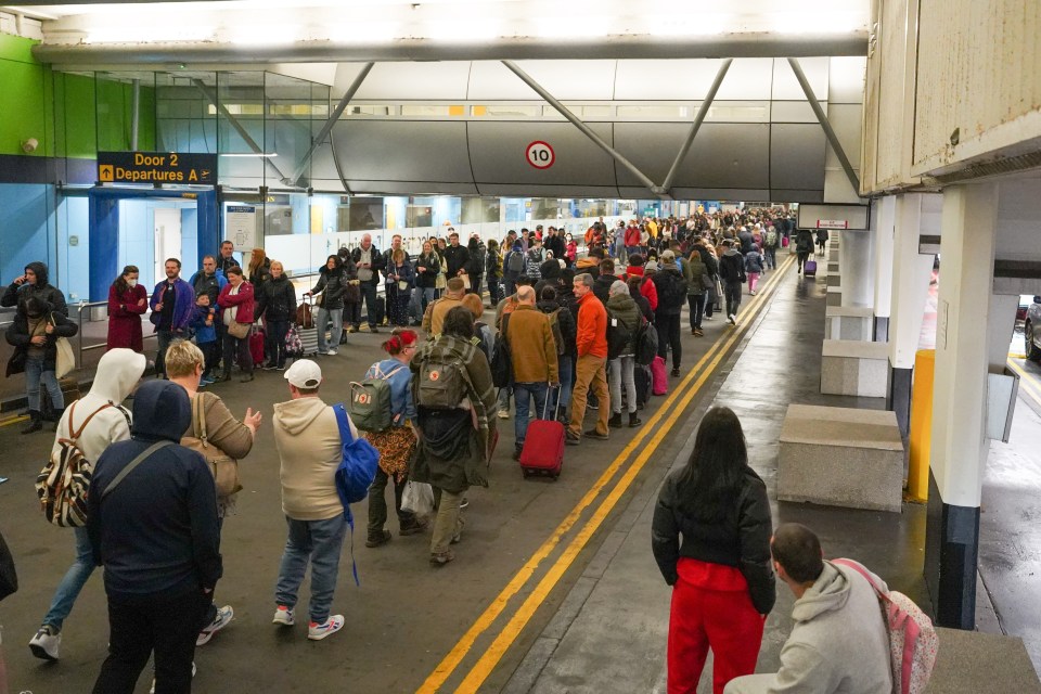 Many passengers were stuck outside the airport due to the length of the queues