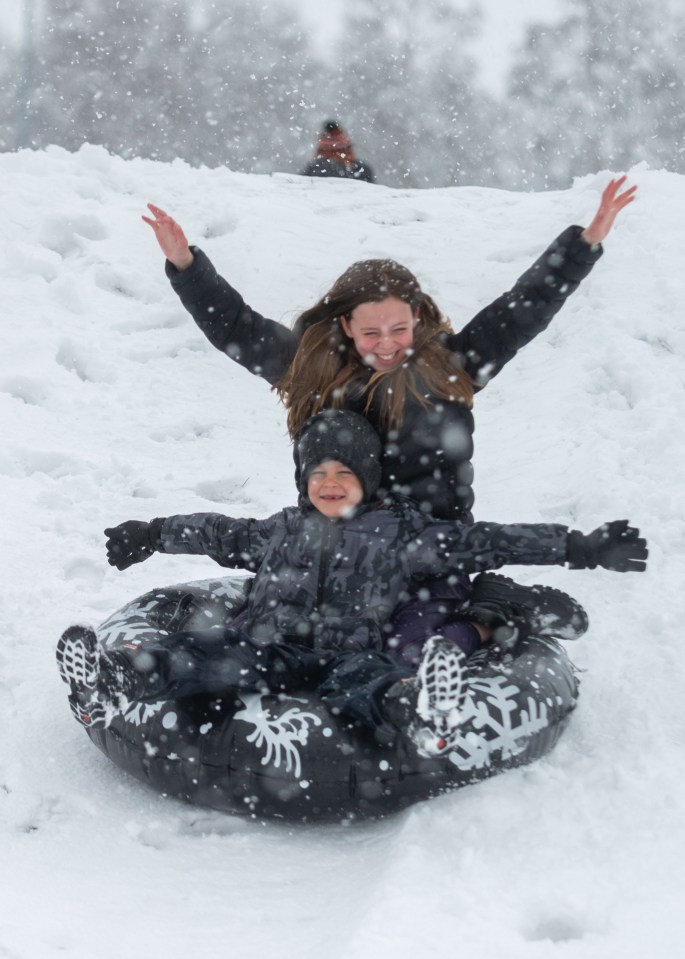 Siblings Logan, seven, and Erin, 11, sledging in Alford, Aberdeenshire