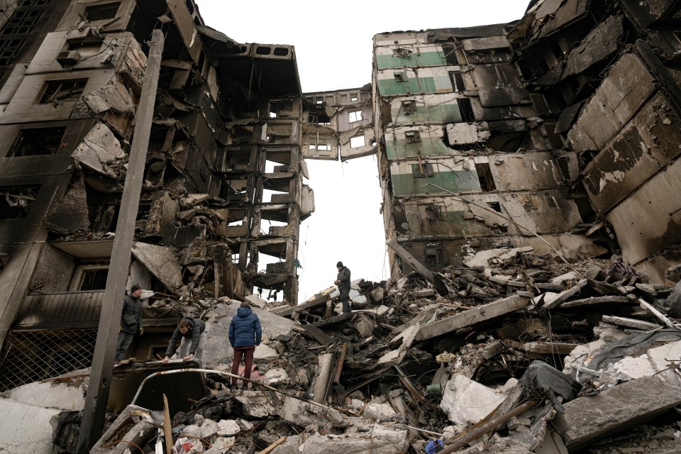 The ruins of an apartment block in the town following Russian airstrikes