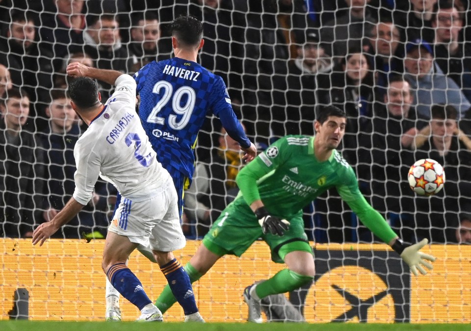 Thibaut Courtois was beaten just once, Kai Havertz briefly cutting the deficit before Karim Benzema completed a hat-trick in Real's 3-1 win