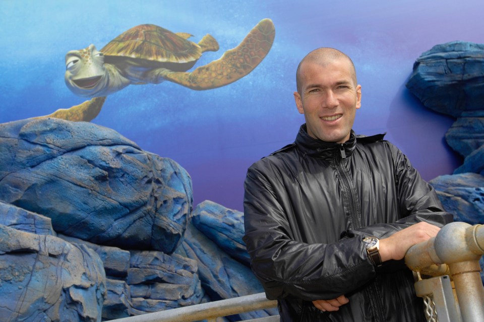 French football player Zinedine Zidane celebrating the Finding Nemo inspired ride Crush’s Coaster