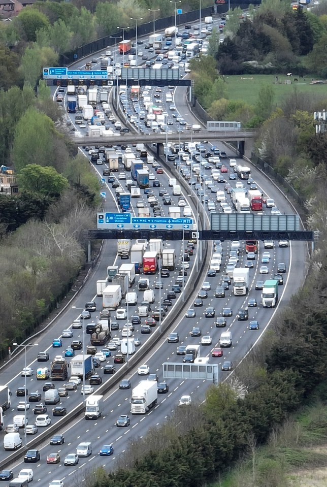 A whopping 27 miles of queues have built on the M25 as the great Easter getaway gets under way