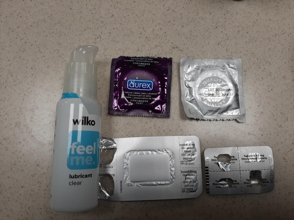 Police found two condoms, a bottle of lubricant and a packet of Tadalafil erectile dysfunction tablets in his bag