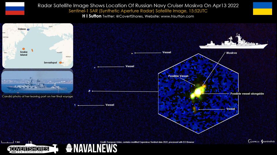 Satellite image of the Russian vessel after it was hit