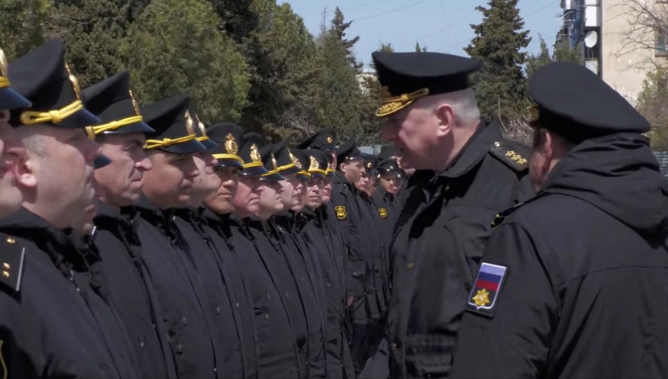 The clip appears to show Admiral Nikolai Yevmenov, meeting with the crew from the Moskva in Sevastopol