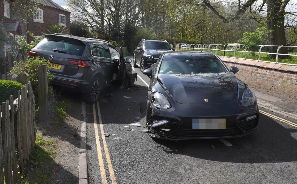 The star's Porsche was left crumpled on one side