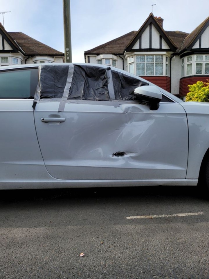 The crash left the £30,000 Audi A3 with a smashed window and battered door