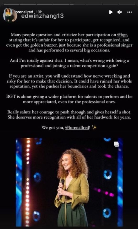 Loren shared a post by a friend defending her successful audition on BGT