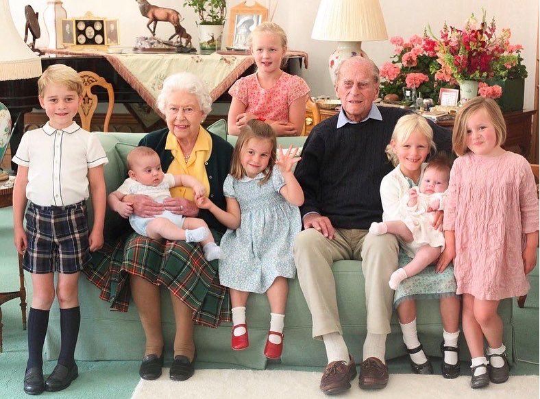 They shared a picture of the Queen and Prince Philip with seven of their great-grandkids