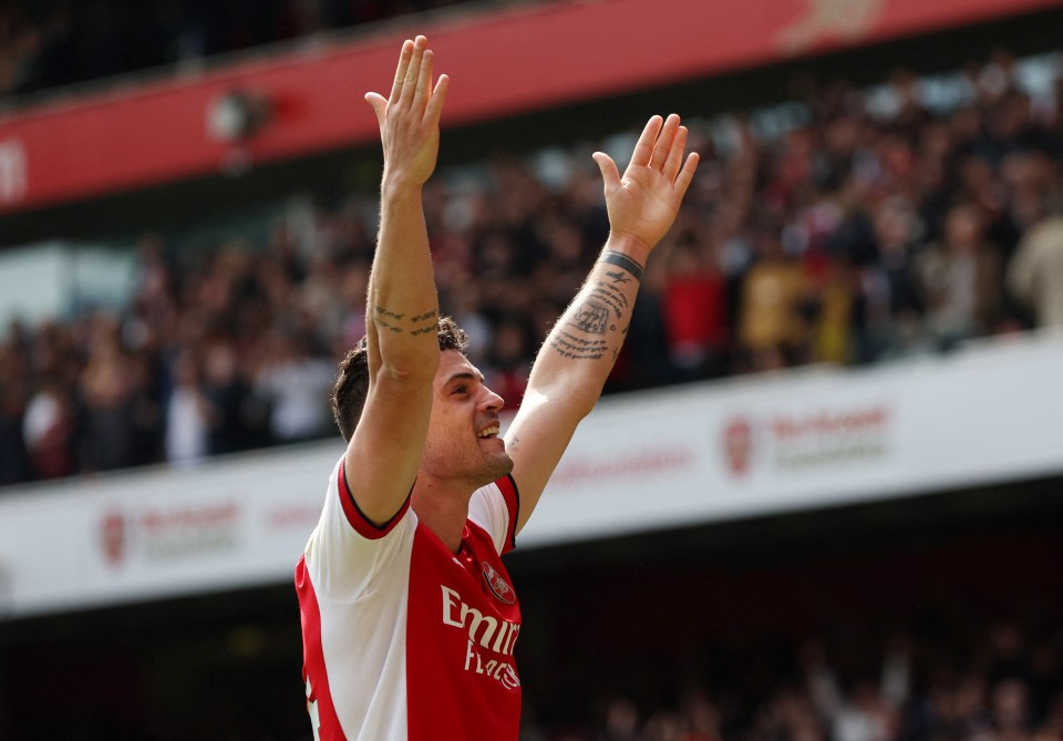 Xhaka, 29, celebrates his excellent strike