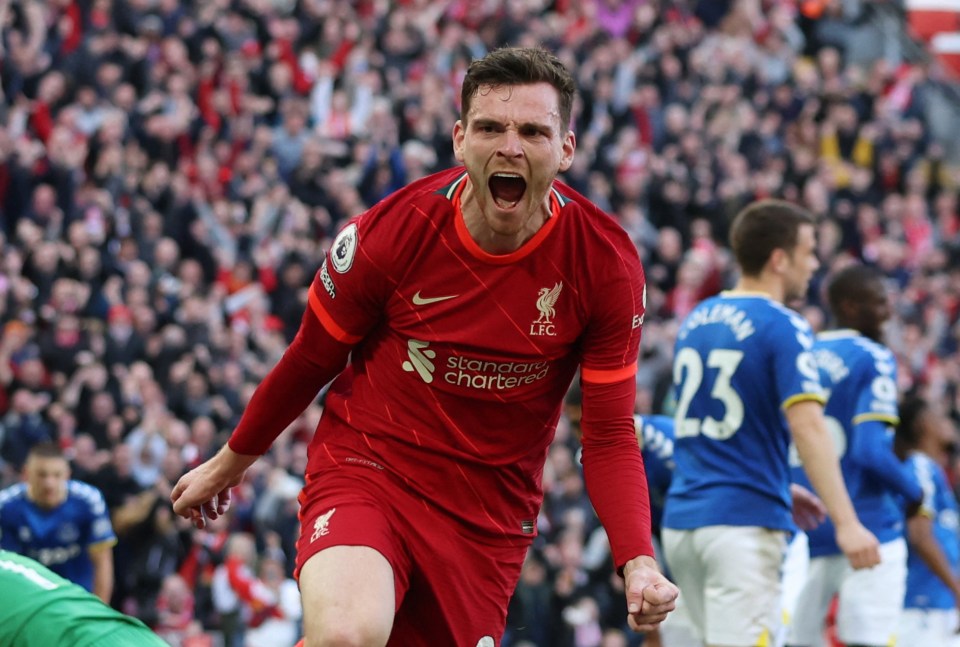 Scotland international Robertson celebrates after scoring against rivals Everton