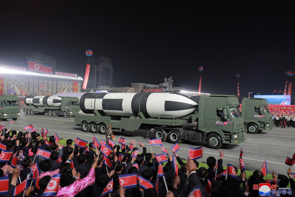 A Pukguksong-5 missile being showcased at the event on Monday evening