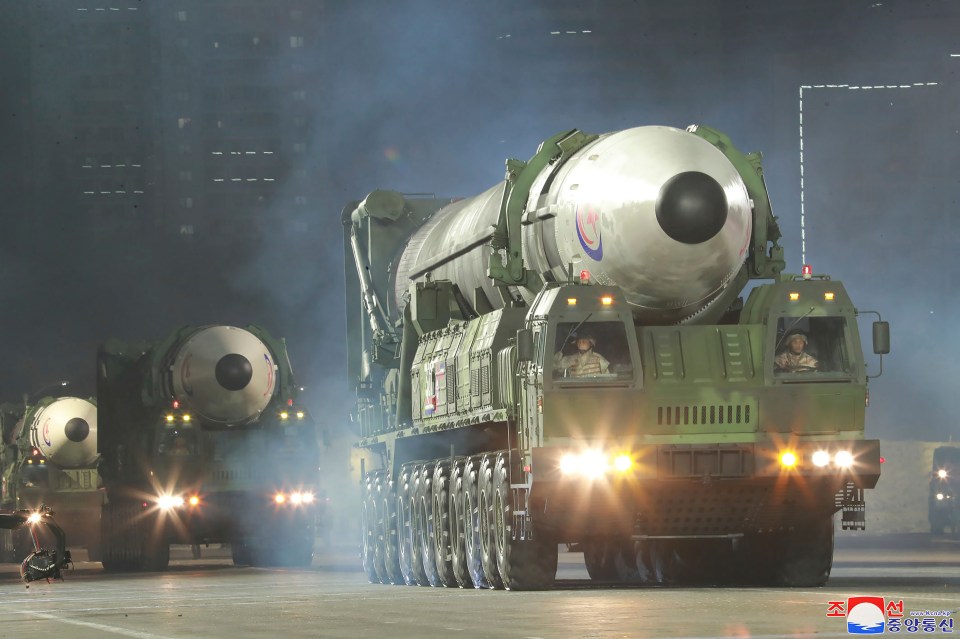 North Korea showcased its newly built intercontinental ballistic missile, the Hwasong-17, during the parade