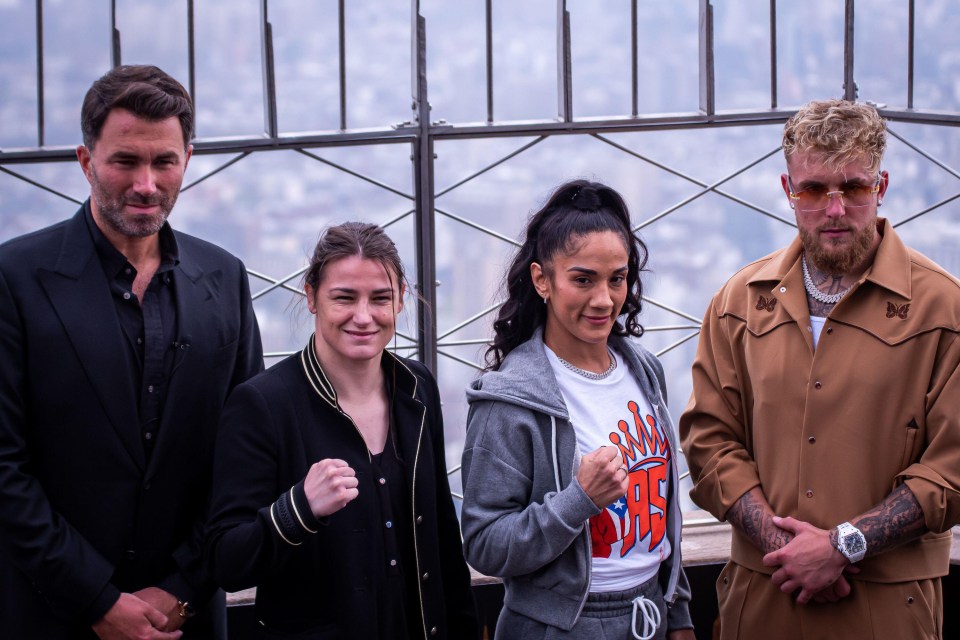 Eddie Hearn, Katie Taylor, Amanda Serrano and Jake Paul in New York