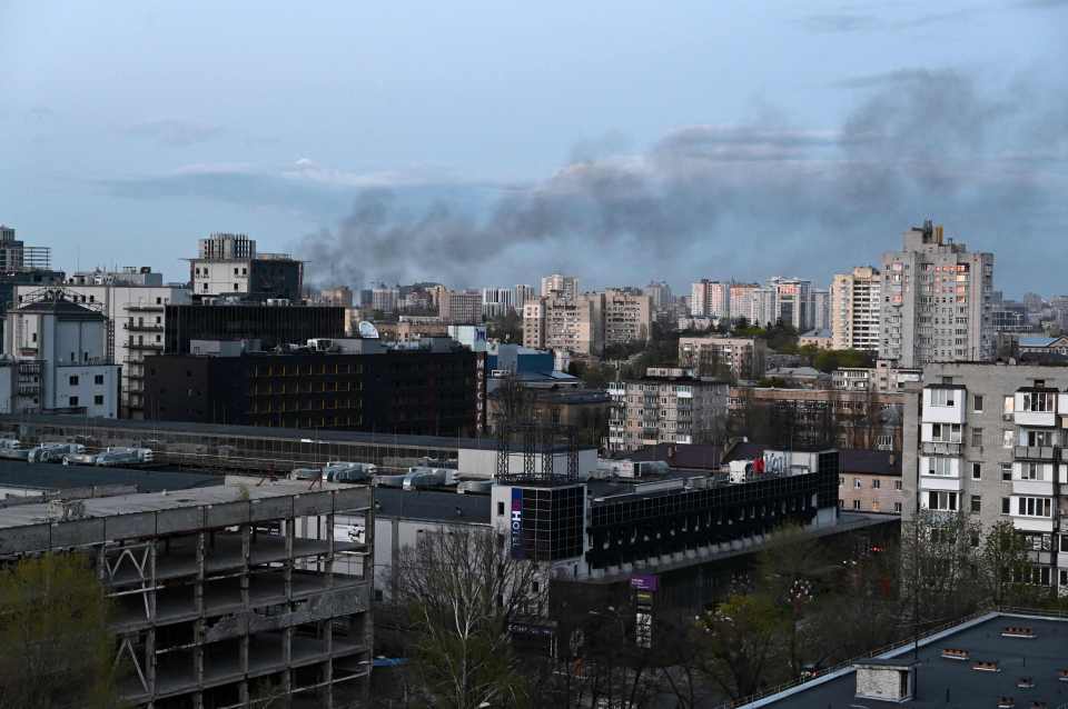 Smoke rises after a missile attack on Kyiv last night