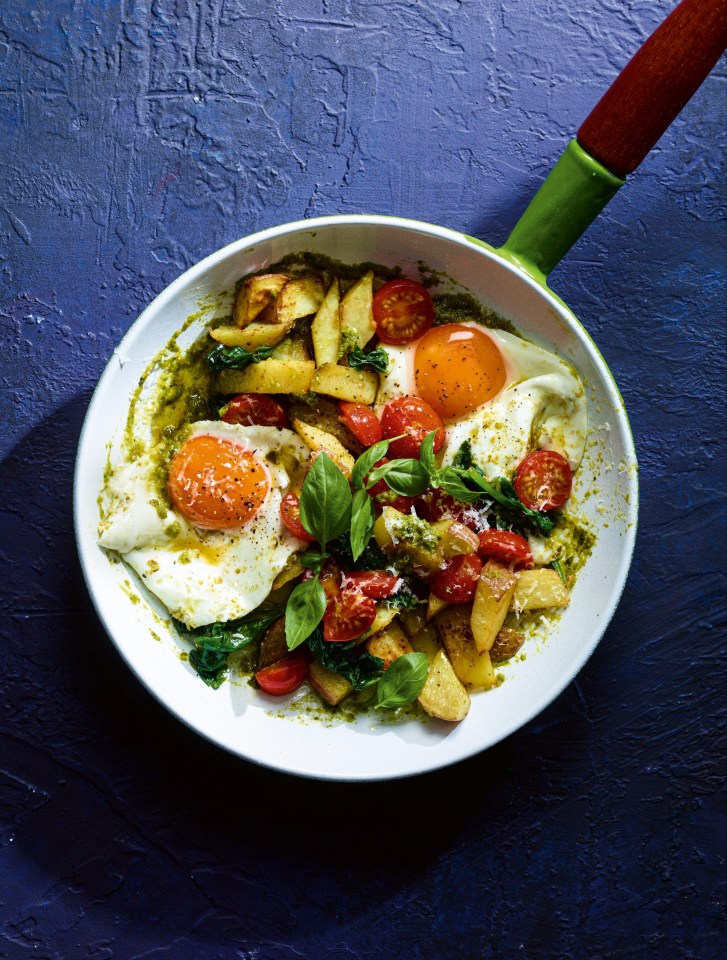 Pesto brunch eggs are great served with potatoes and spinach